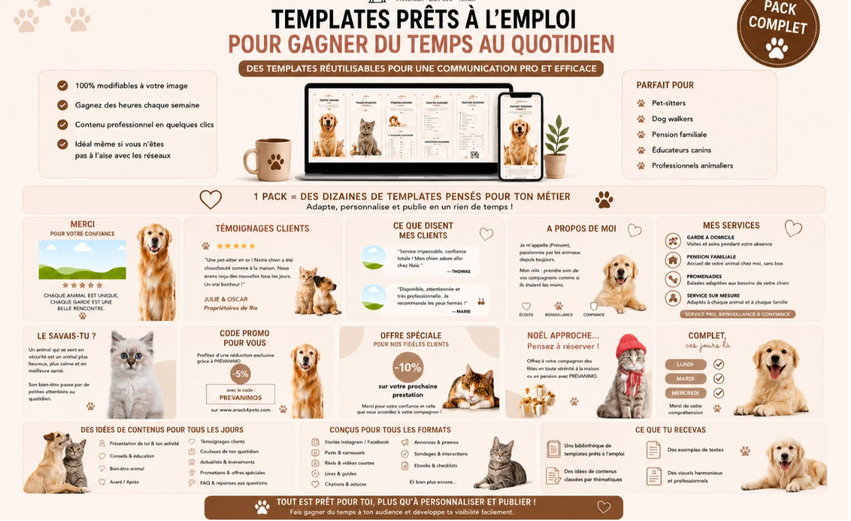 Templates Canva Pet-sitters – Pack Stories & Carrousels professionnels