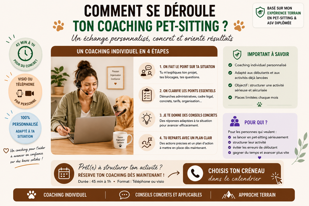 Coaching individuel Pet-sitter – Structure & développe ton activité | 45 min à 1 h