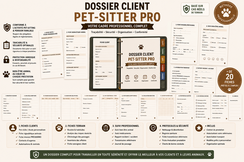 Dossier Professionnel Pet-sitter – Fiches clients, suivi & organisation complète