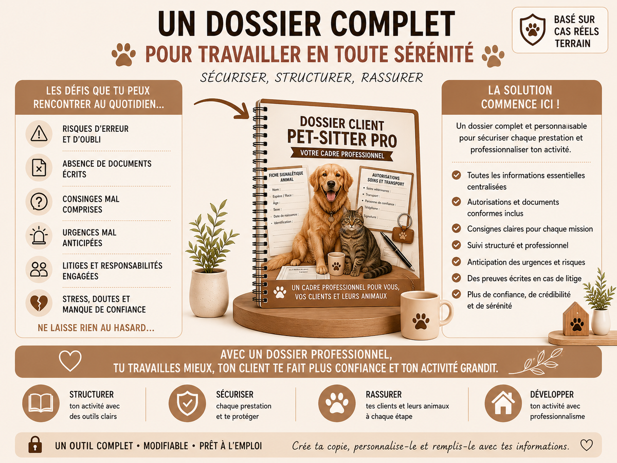 Dossier Professionnel Pet-sitter – Fiches clients, suivi & organisation complète