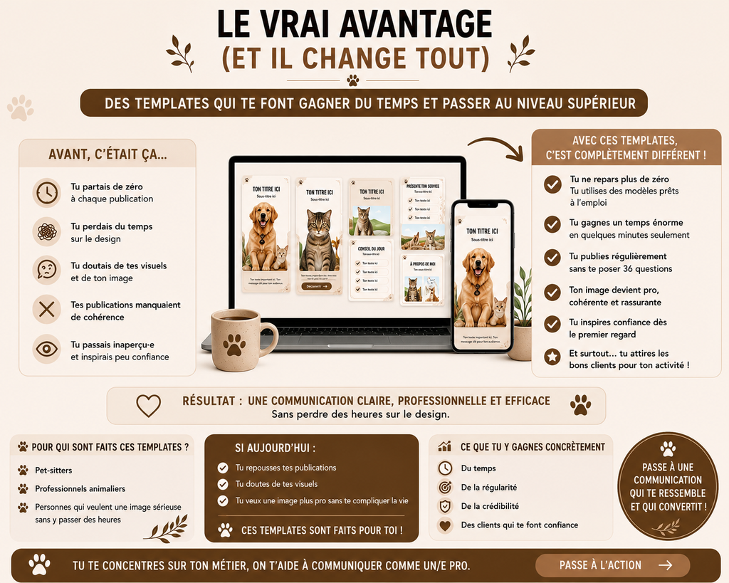 Templates Canva Pet-sitters – Pack Stories & Carrousels professionnels